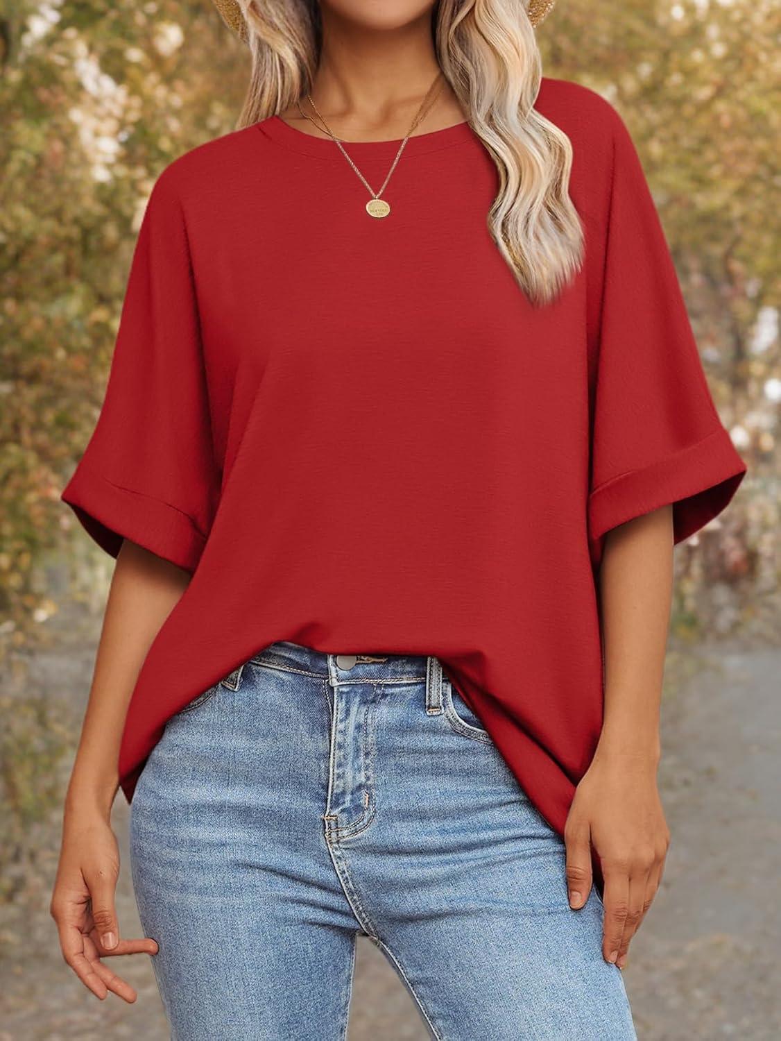 imageATHMILE Womens Oversized T Shirts Summer Tops Spring Casual Loose Fit Workout Short Sleeve 2025 Beach VacationRed