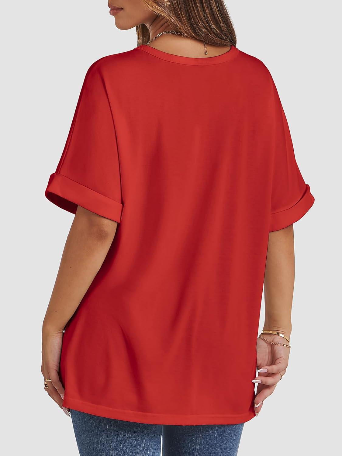 imageATHMILE Womens Oversized T Shirts Summer Tops Spring Casual Loose Fit Workout Short Sleeve 2025 Beach VacationRed