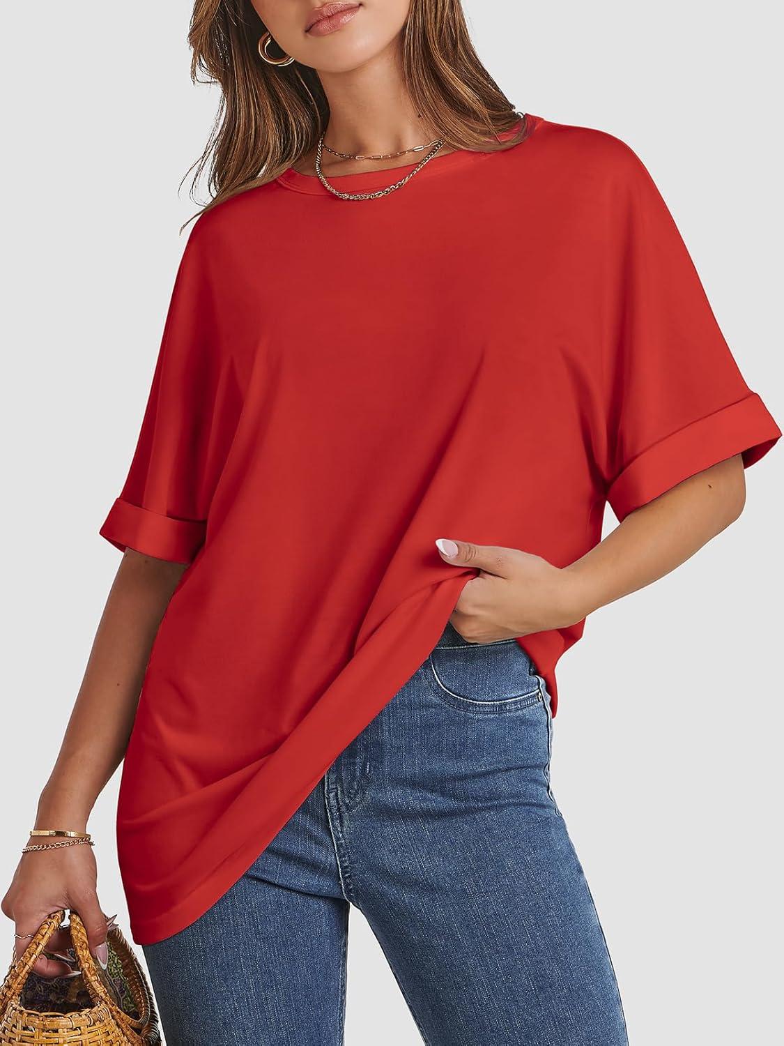 imageATHMILE Womens Oversized T Shirts Summer Tops Spring Casual Loose Fit Workout Short Sleeve 2025 Beach VacationRed