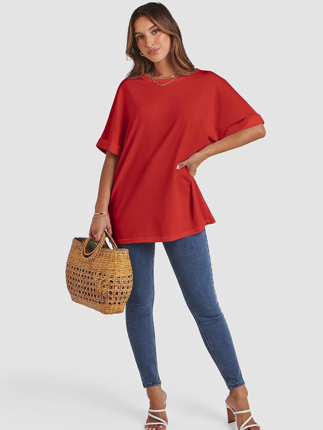 imageATHMILE Womens Oversized T Shirts Summer Tops Spring Casual Loose Fit Workout Short Sleeve 2025 Beach VacationRed
