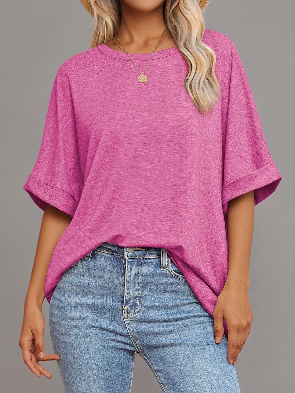 imageATHMILE Womens Oversized T Shirts Summer Tops Spring Casual Loose Fit Workout Short Sleeve 2025 Beach VacationRose Red