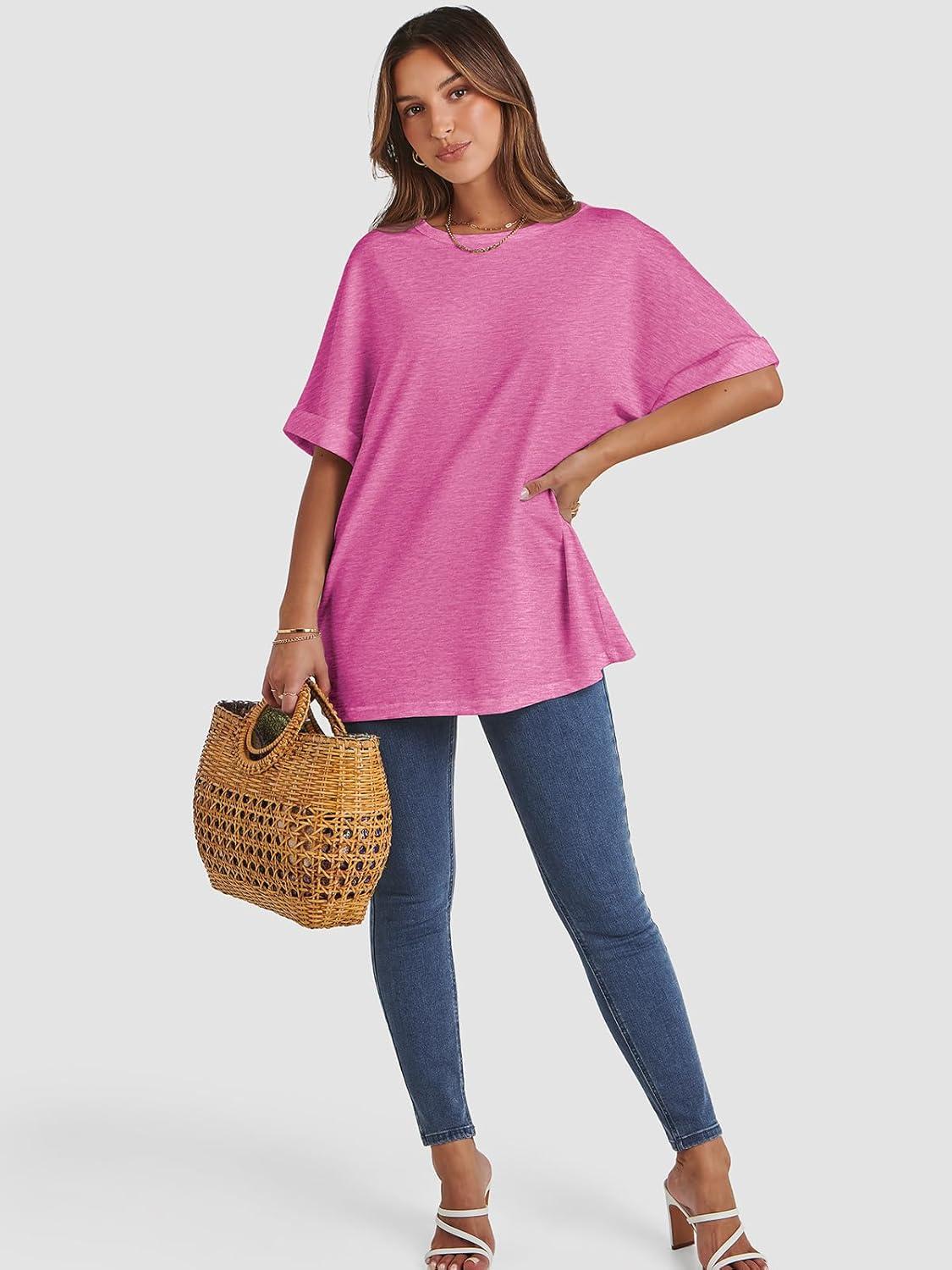 imageATHMILE Womens Oversized T Shirts Summer Tops Spring Casual Loose Fit Workout Short Sleeve 2025 Beach VacationRose Red