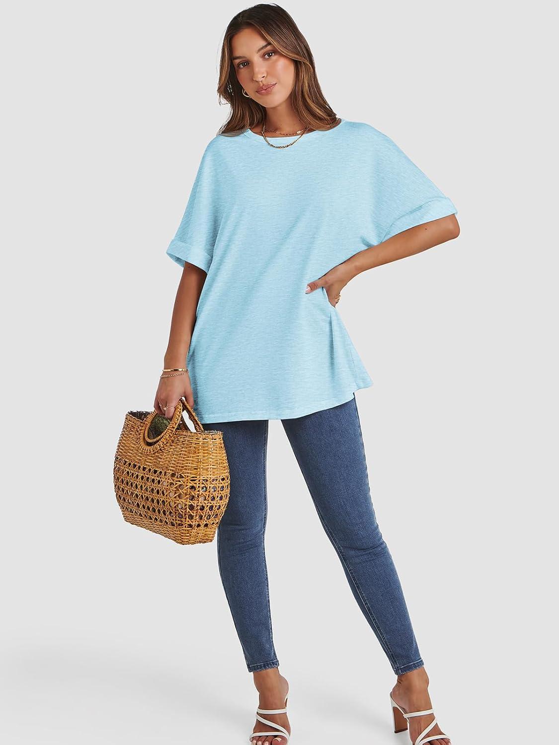 imageATHMILE Womens Oversized T Shirts Summer Tops Spring Casual Loose Fit Workout Short Sleeve 2025 Beach VacationSky Blue