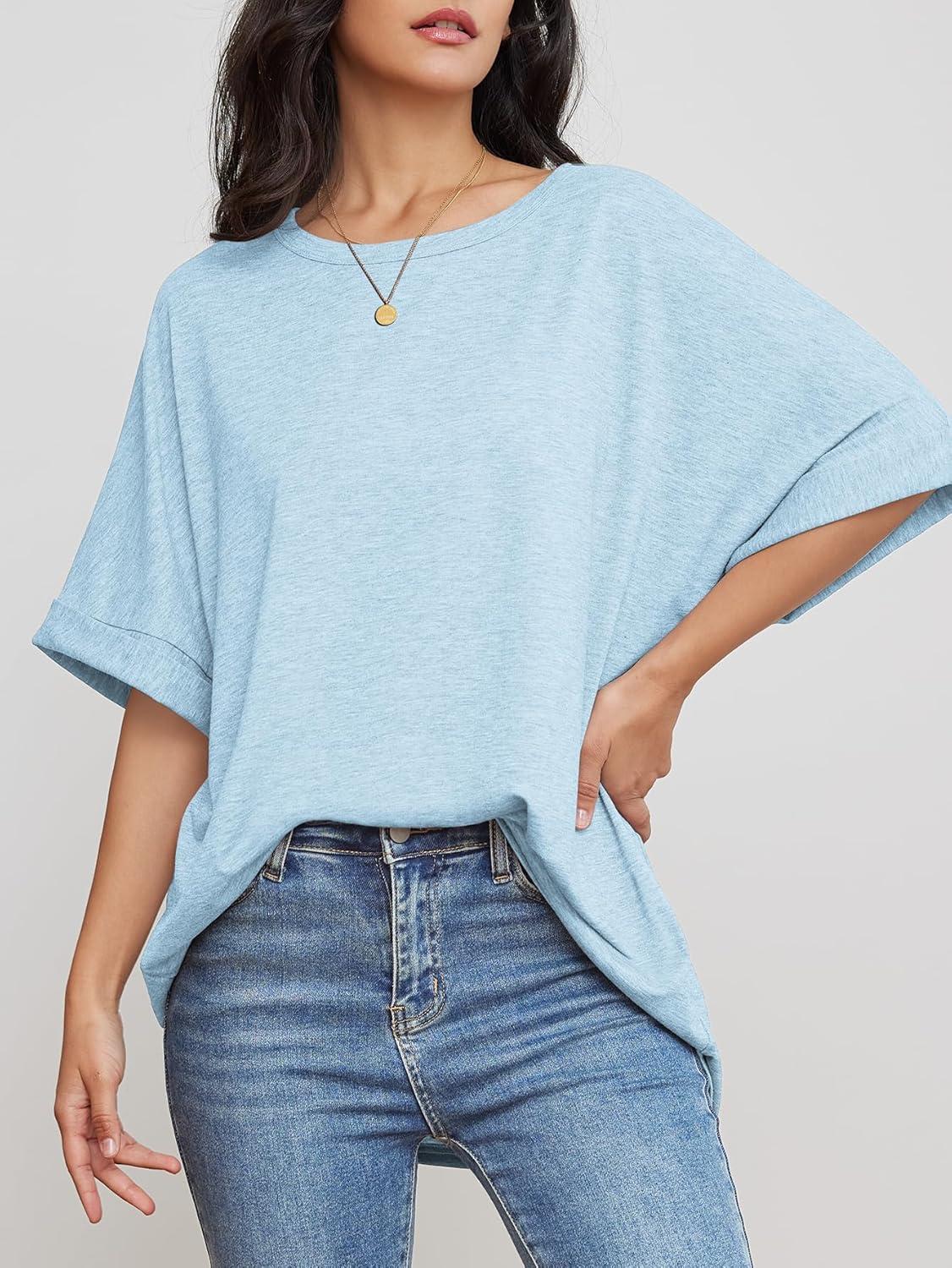 imageATHMILE Womens Oversized T Shirts Summer Tops Spring Casual Loose Fit Workout Short Sleeve 2025 Beach VacationSky Blue