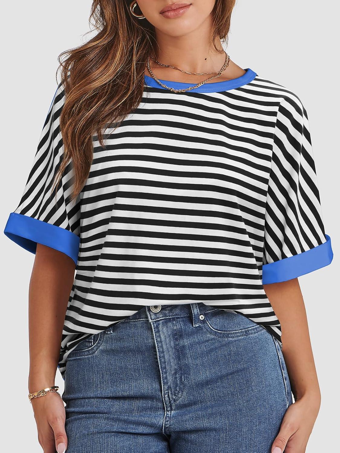 imageATHMILE Womens Oversized T Shirts Summer Tops Spring Casual Loose Fit Workout Short Sleeve 2025 Beach VacationStriped Black  White