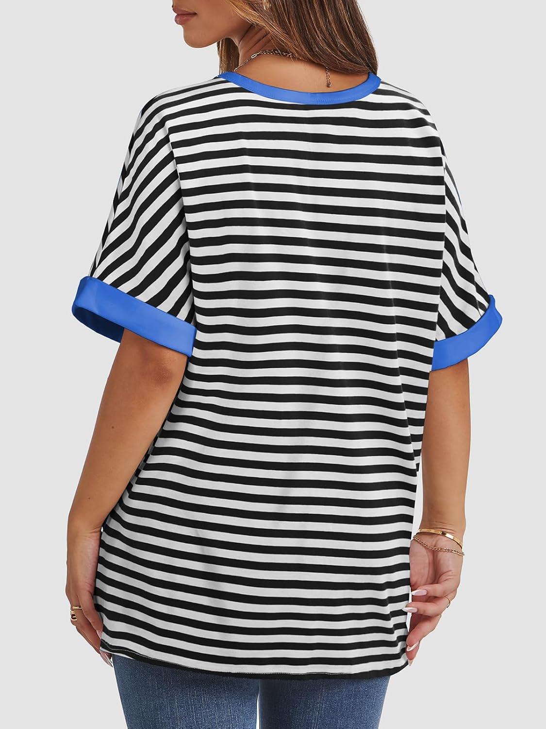 imageATHMILE Womens Oversized T Shirts Summer Tops Spring Casual Loose Fit Workout Short Sleeve 2025 Beach VacationStriped Black  White