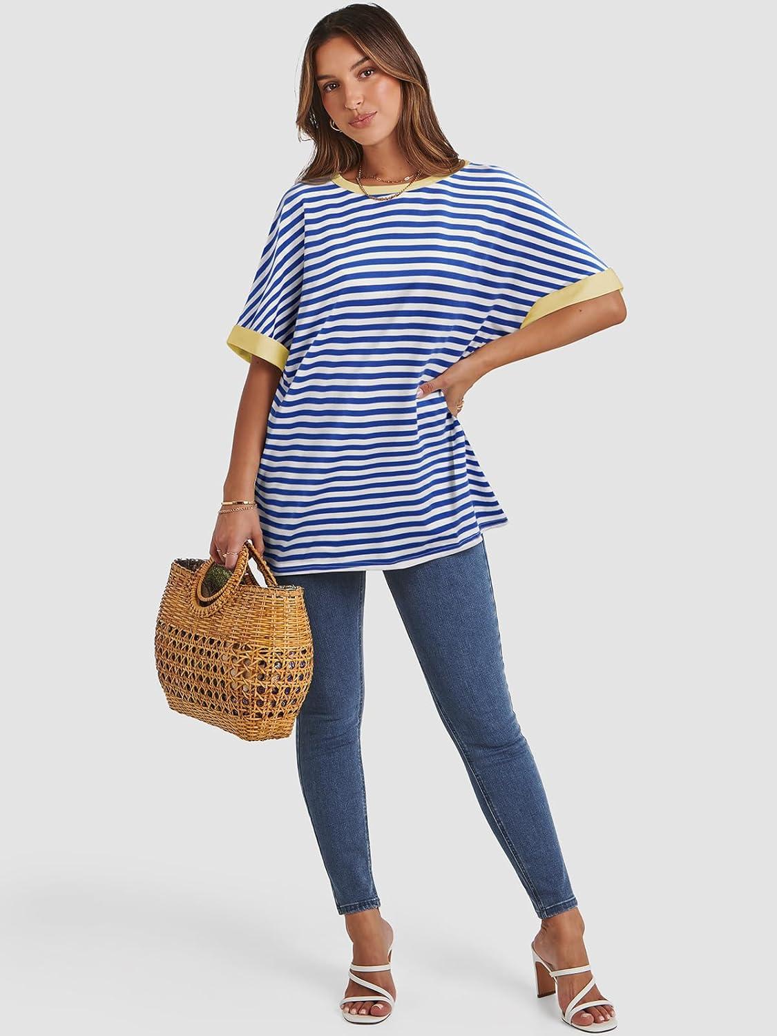 imageATHMILE Womens Oversized T Shirts Summer Tops Spring Casual Loose Fit Workout Short Sleeve 2025 Beach VacationStriped Blue  White