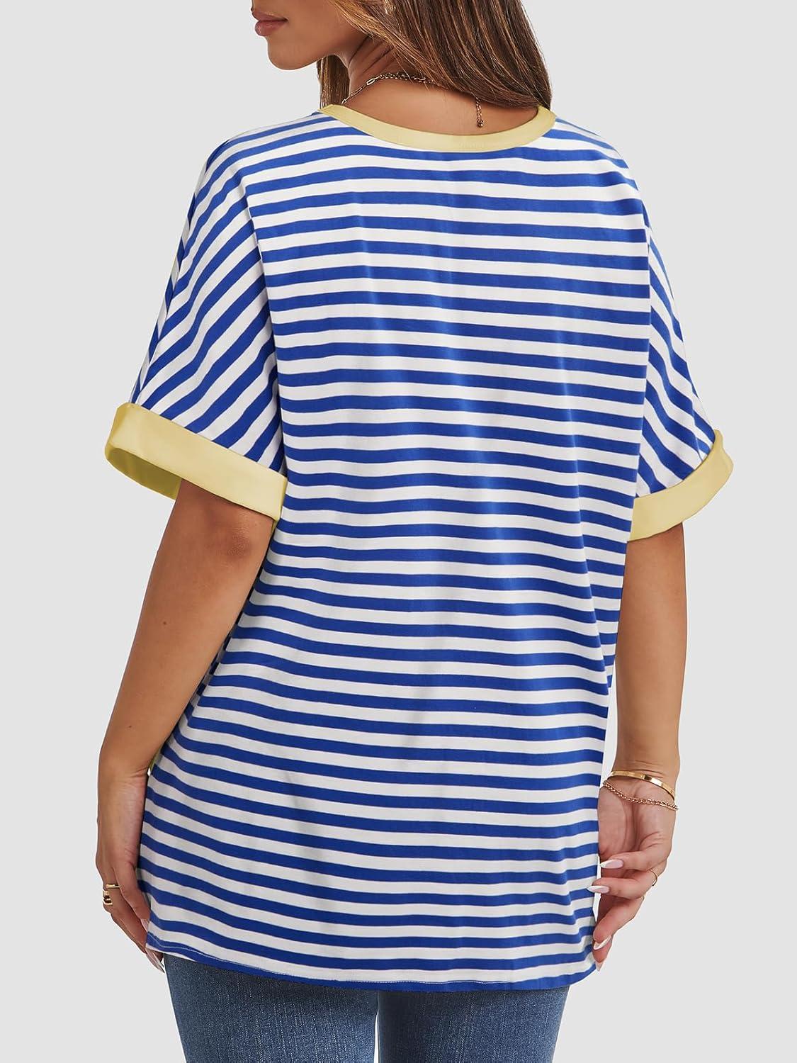 imageATHMILE Womens Oversized T Shirts Summer Tops Spring Casual Loose Fit Workout Short Sleeve 2025 Beach VacationStriped Blue  White