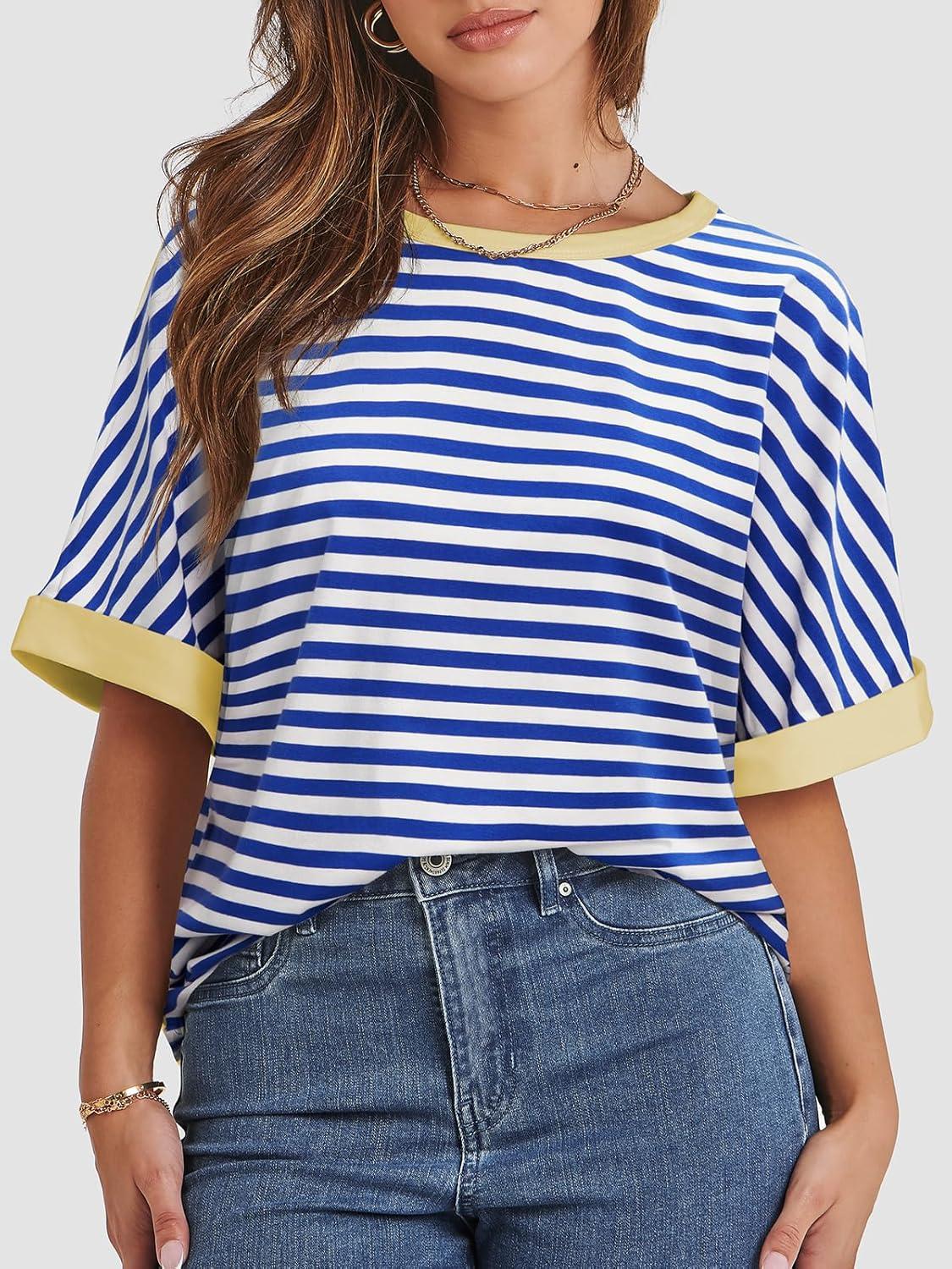 imageATHMILE Womens Oversized T Shirts Summer Tops Spring Casual Loose Fit Workout Short Sleeve 2025 Beach VacationStriped Blue  White