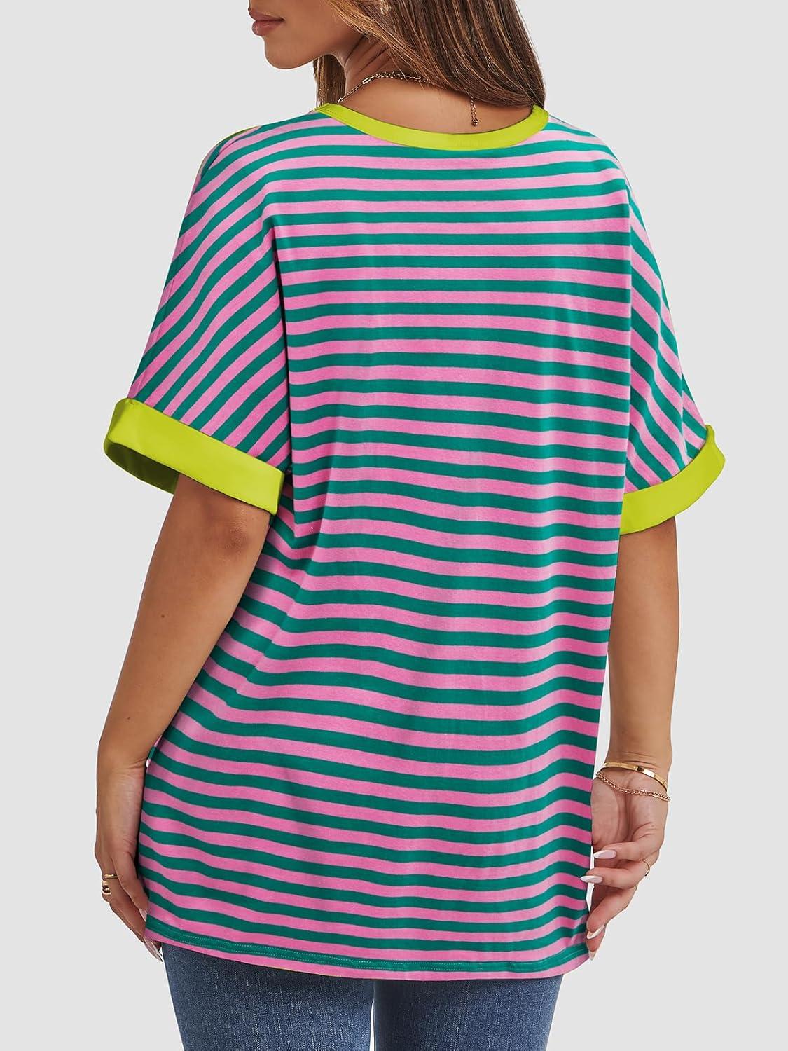 imageATHMILE Womens Oversized T Shirts Summer Tops Spring Casual Loose Fit Workout Short Sleeve 2025 Beach VacationStriped Pink  Green