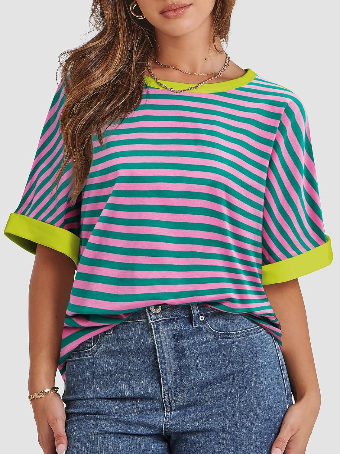 imageATHMILE Womens Oversized T Shirts Summer Tops Spring Casual Loose Fit Workout Short Sleeve 2025 Beach VacationStriped Pink  Green
