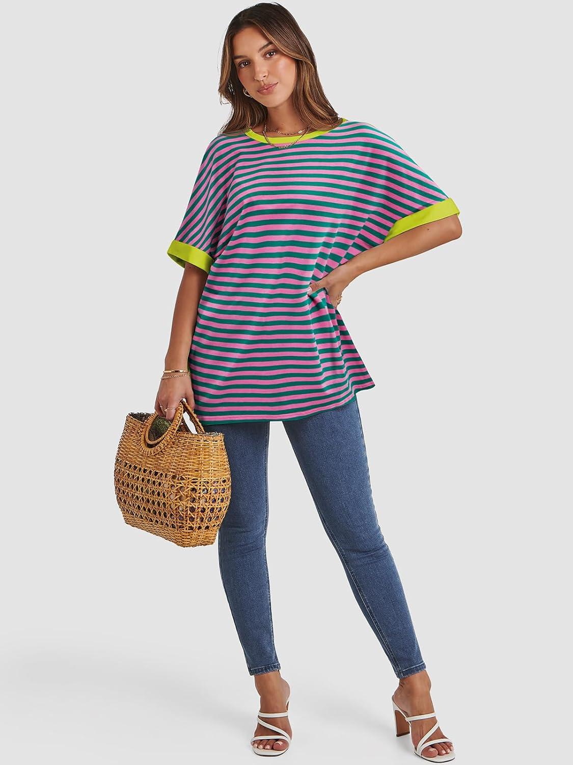 imageATHMILE Womens Oversized T Shirts Summer Tops Spring Casual Loose Fit Workout Short Sleeve 2025 Beach VacationStriped Pink  Green