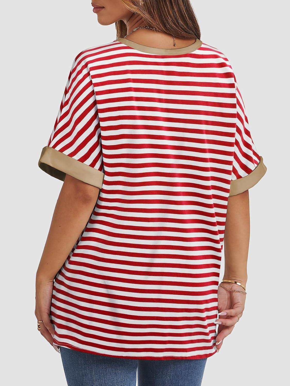 imageATHMILE Womens Oversized T Shirts Summer Tops Spring Casual Loose Fit Workout Short Sleeve 2025 Beach VacationStriped Red  White