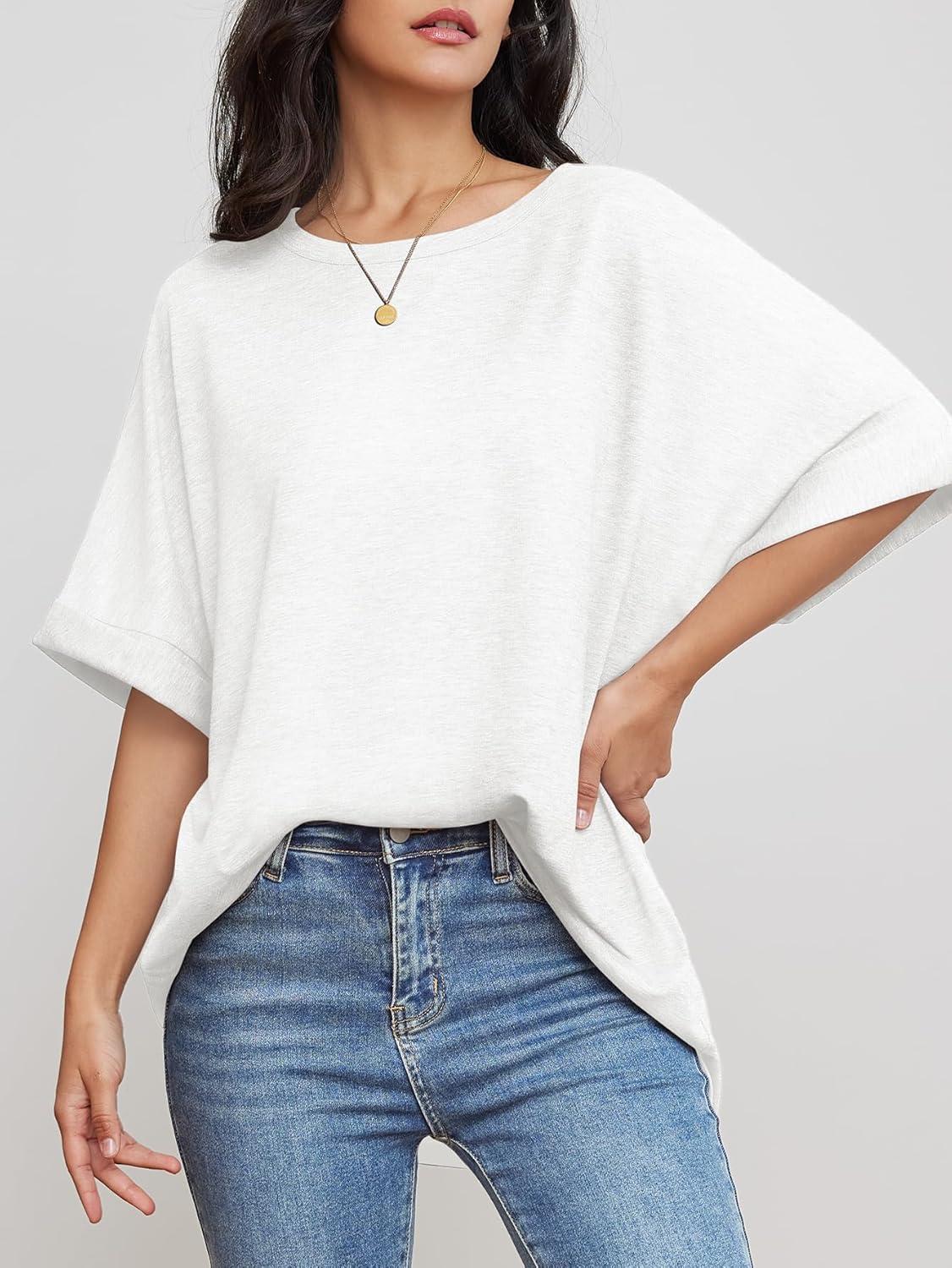 imageATHMILE Womens Oversized T Shirts Summer Tops Spring Casual Loose Fit Workout Short Sleeve 2025 Beach VacationWhite