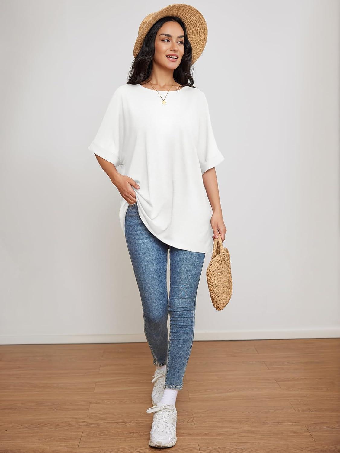 imageATHMILE Womens Oversized T Shirts Summer Tops Spring Casual Loose Fit Workout Short Sleeve 2025 Beach VacationWhite