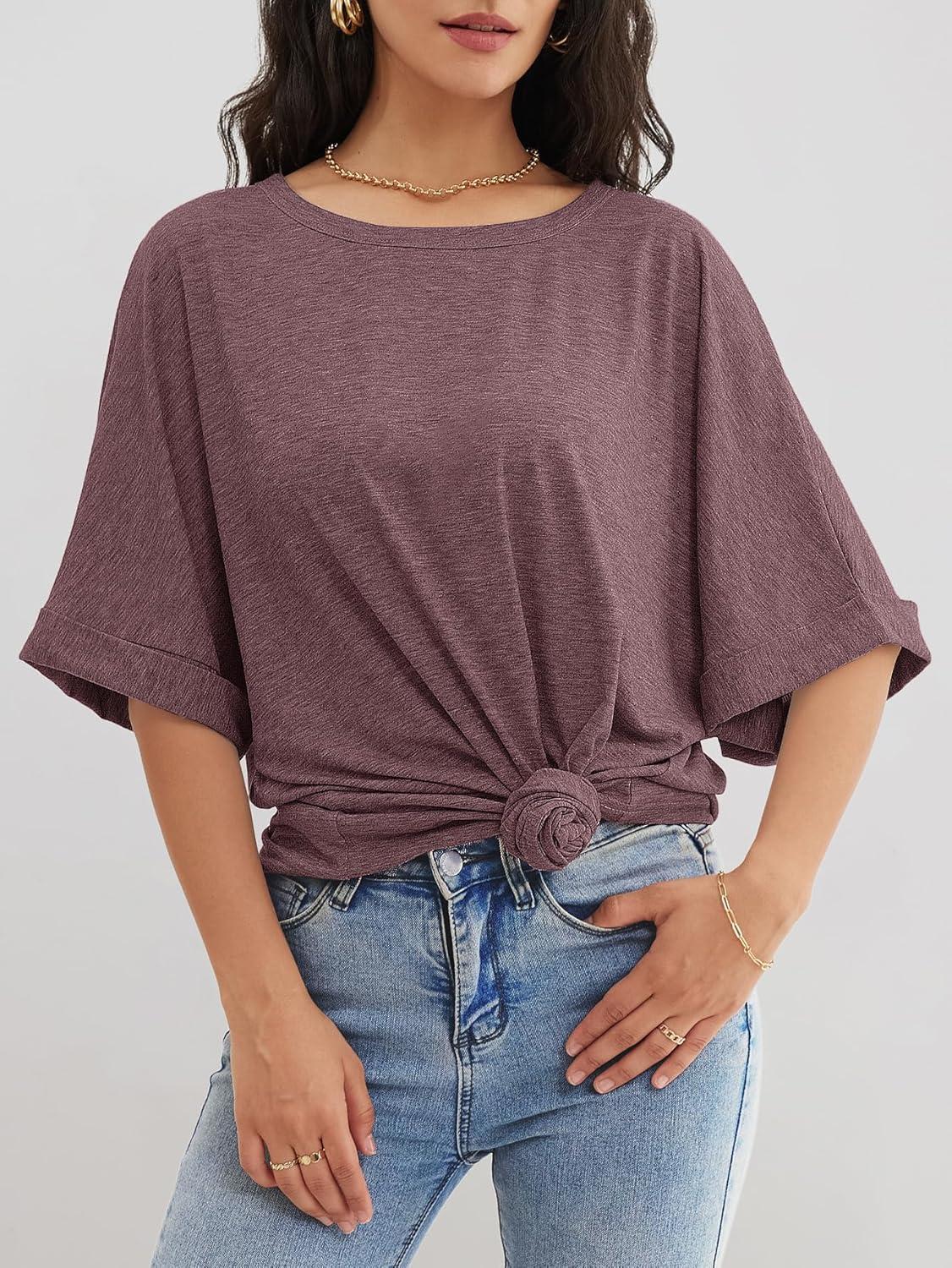 imageATHMILE Womens Oversized T Shirts Summer Tops Spring Casual Loose Fit Workout Short Sleeve 2025 Beach VacationWine Red