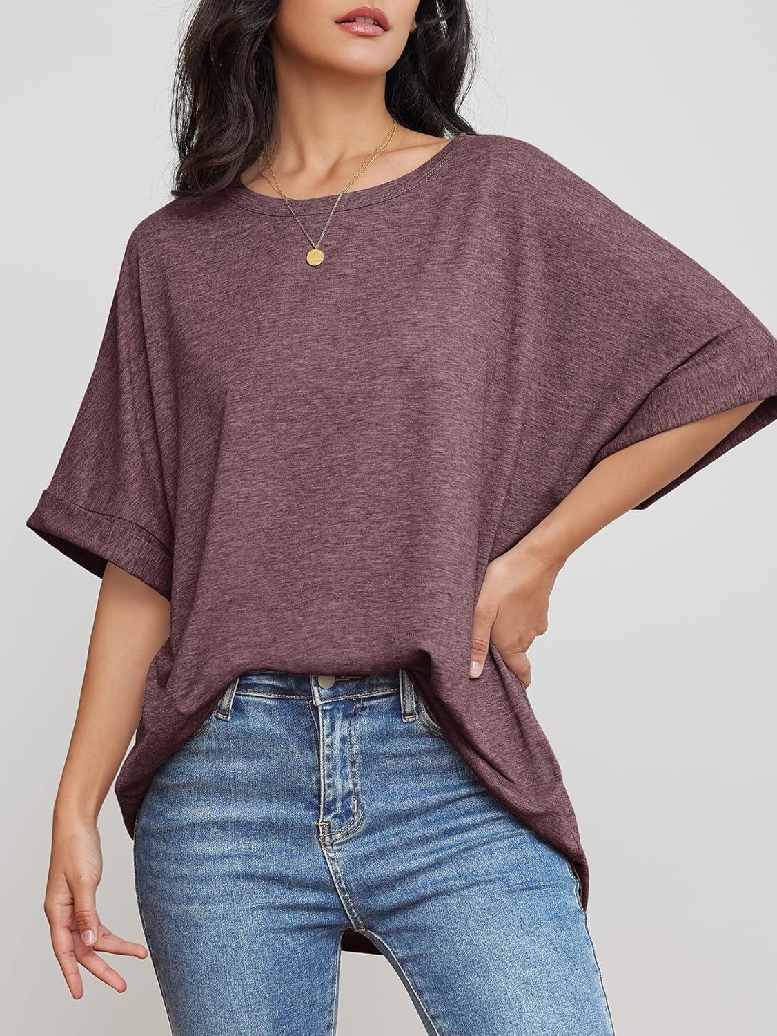 imageATHMILE Womens Oversized T Shirts Summer Tops Spring Casual Loose Fit Workout Short Sleeve 2025 Beach VacationWine Red