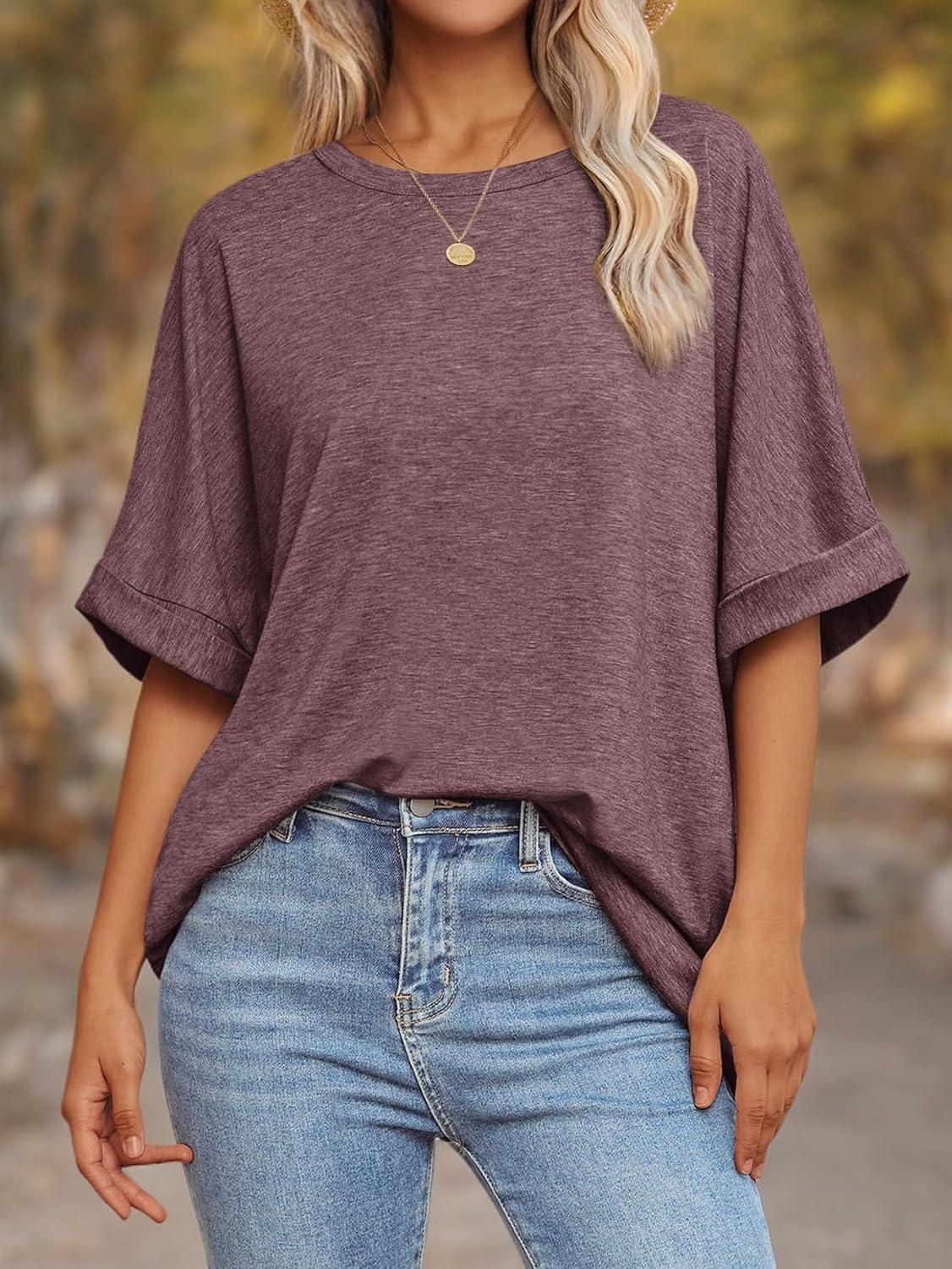 imageATHMILE Womens Oversized T Shirts Summer Tops Spring Casual Loose Fit Workout Short Sleeve 2025 Beach VacationWine Red