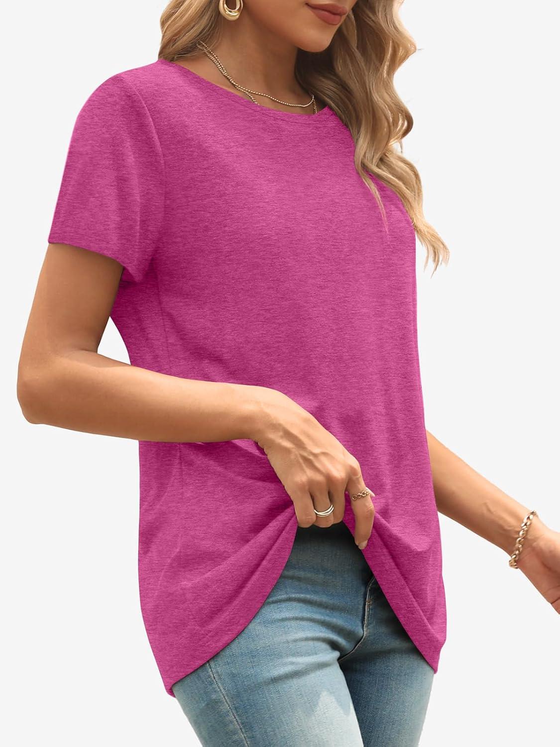 imageATHMILE Womens T Shirt Summer Tops Short Sleeve Fashion Basic Casual Oversized Beach Vacation Clothes 2025 TrendyHot Pink