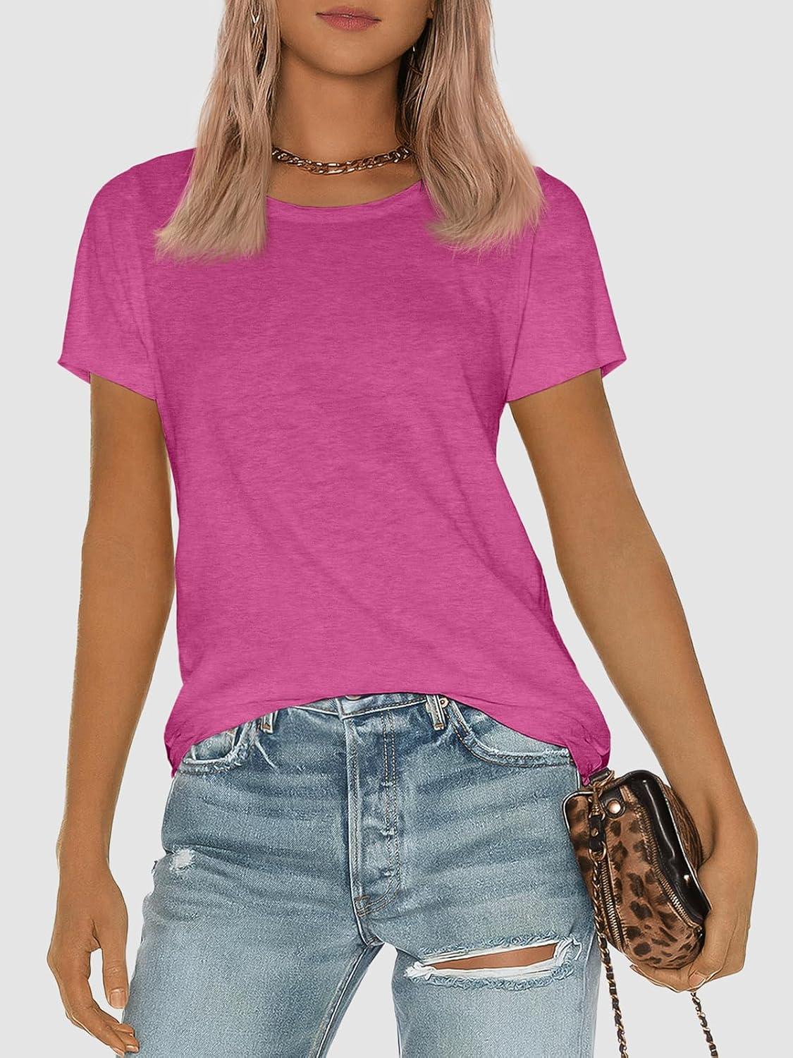 imageATHMILE Womens T Shirt Summer Tops Short Sleeve Fashion Basic Casual Oversized Beach Vacation Clothes 2025 TrendyHot Pink