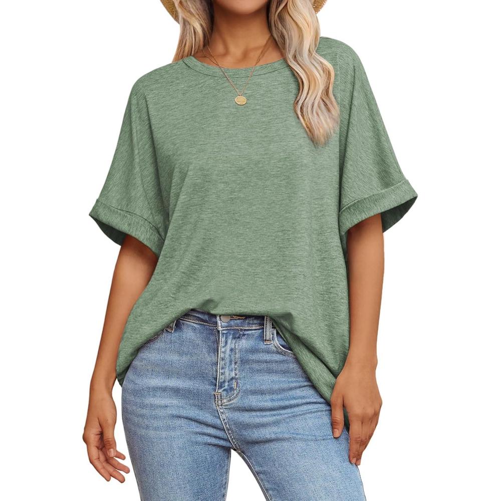 imageATHMILE Womens Oversized T Shirts Summer Tops Spring Casual Loose Fit Workout Short Sleeve 2025 Beach VacationGray Green