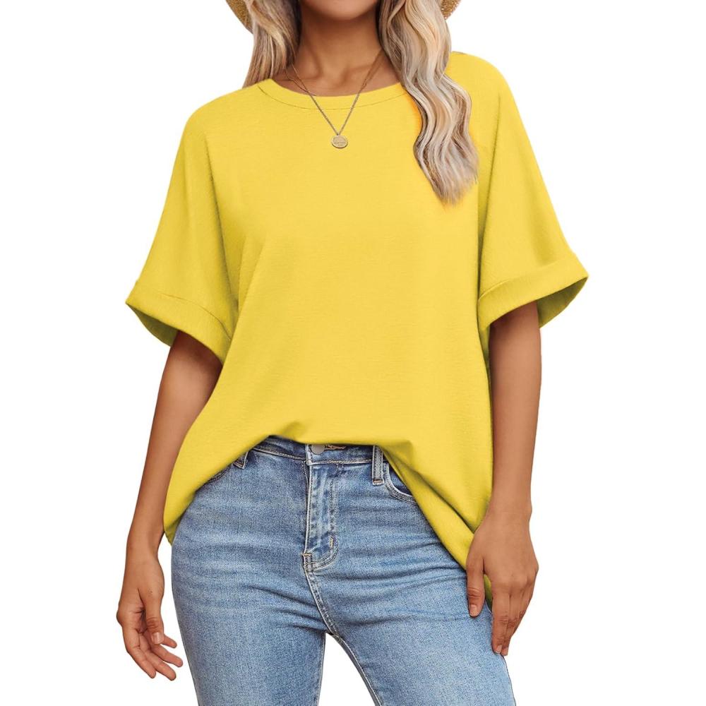 imageATHMILE Womens Oversized T Shirts Summer Tops Spring Casual Loose Fit Workout Short Sleeve 2025 Beach VacationLemon Yellow