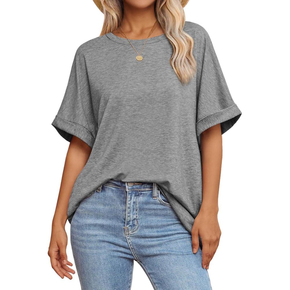 imageATHMILE Womens Oversized T Shirts Summer Tops Spring Casual Loose Fit Workout Short Sleeve 2025 Beach VacationLight Gray
