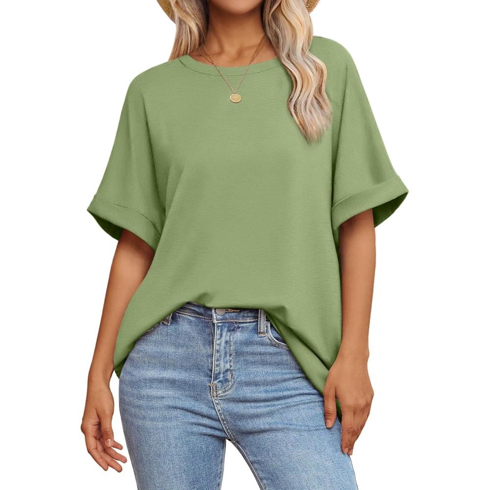imageATHMILE Womens Oversized T Shirts Summer Tops Spring Casual Loose Fit Workout Short Sleeve 2025 Beach VacationLight Green