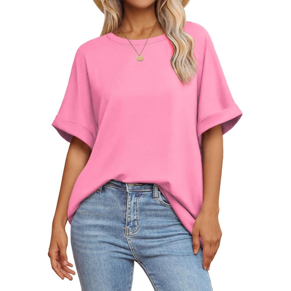 imageATHMILE Womens Oversized T Shirts Summer Tops Spring Casual Loose Fit Workout Short Sleeve 2025 Beach VacationPink