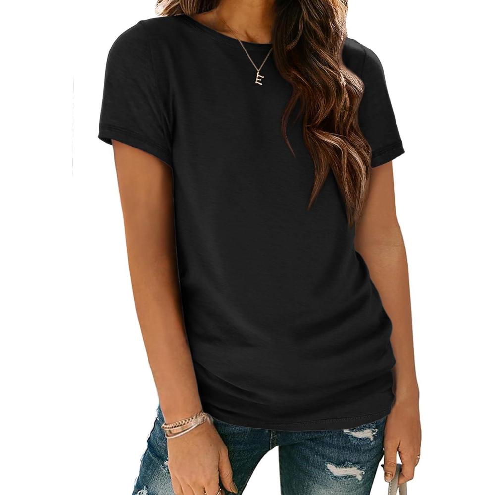imageATHMILE Womens T Shirt Summer Tops Short Sleeve Fashion Basic Casual Oversized Beach Vacation Clothes 2025 TrendyBlack