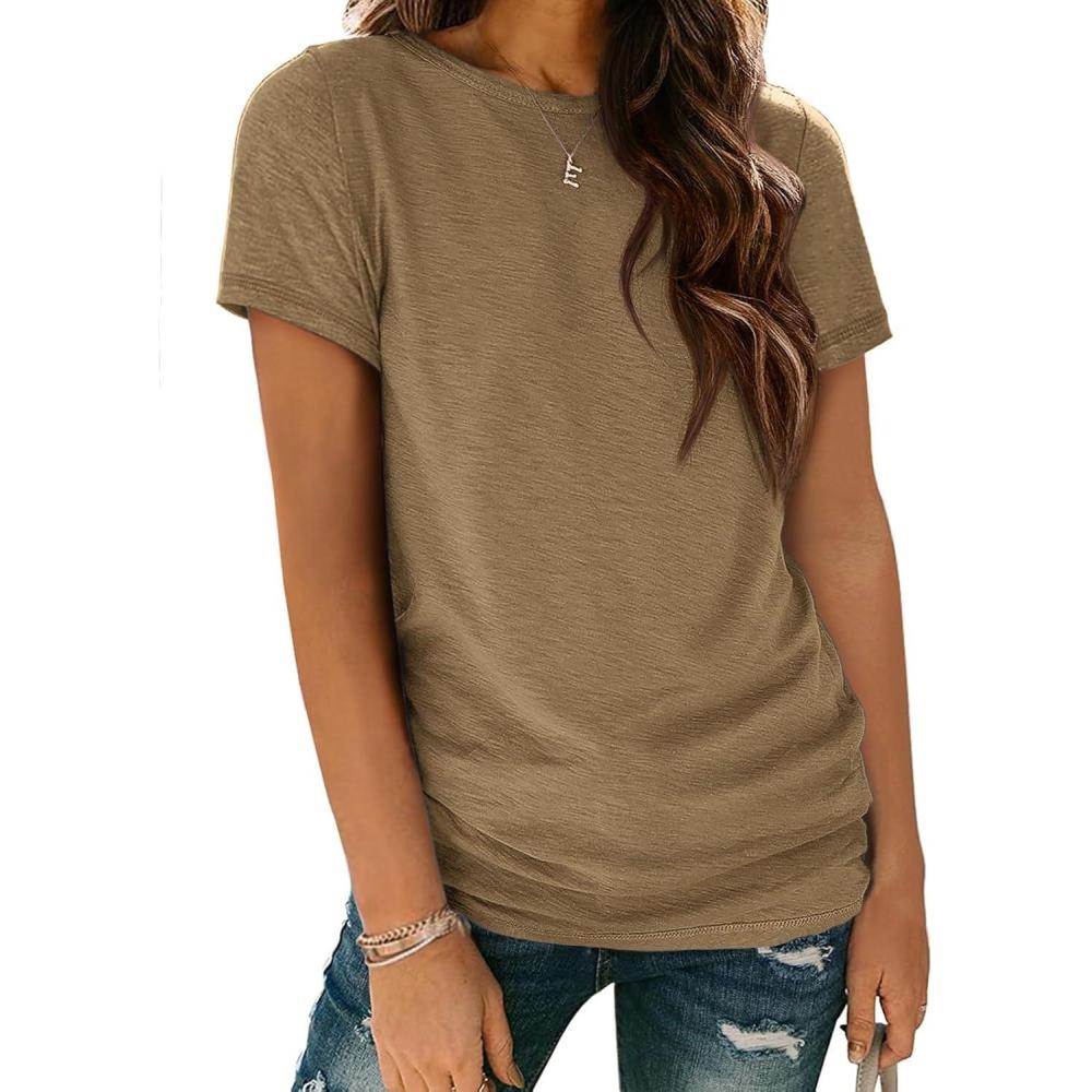 imageATHMILE Womens T Shirt Summer Tops Short Sleeve Fashion Basic Casual Oversized Beach Vacation Clothes 2025 TrendyCoffee