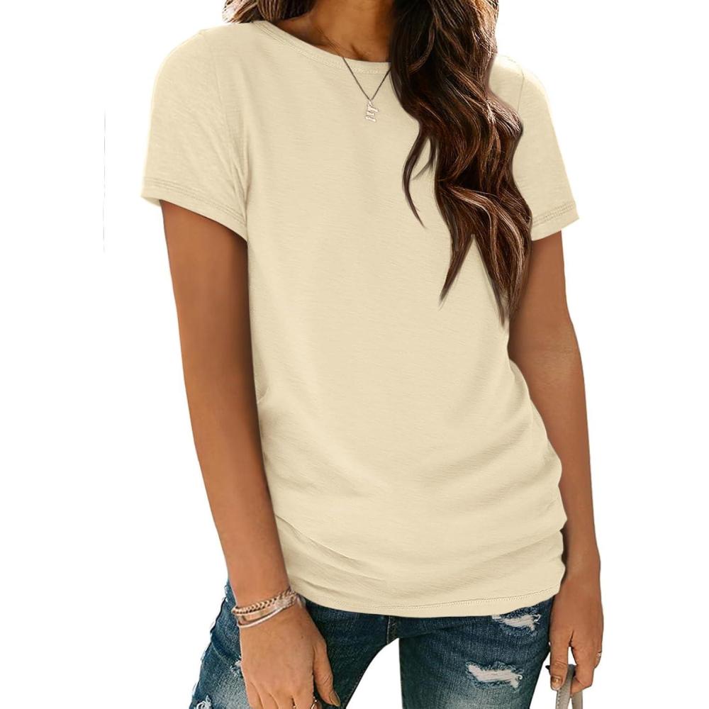 imageATHMILE Womens T Shirt Summer Tops Short Sleeve Fashion Basic Casual Oversized Beach Vacation Clothes 2025 TrendyCream