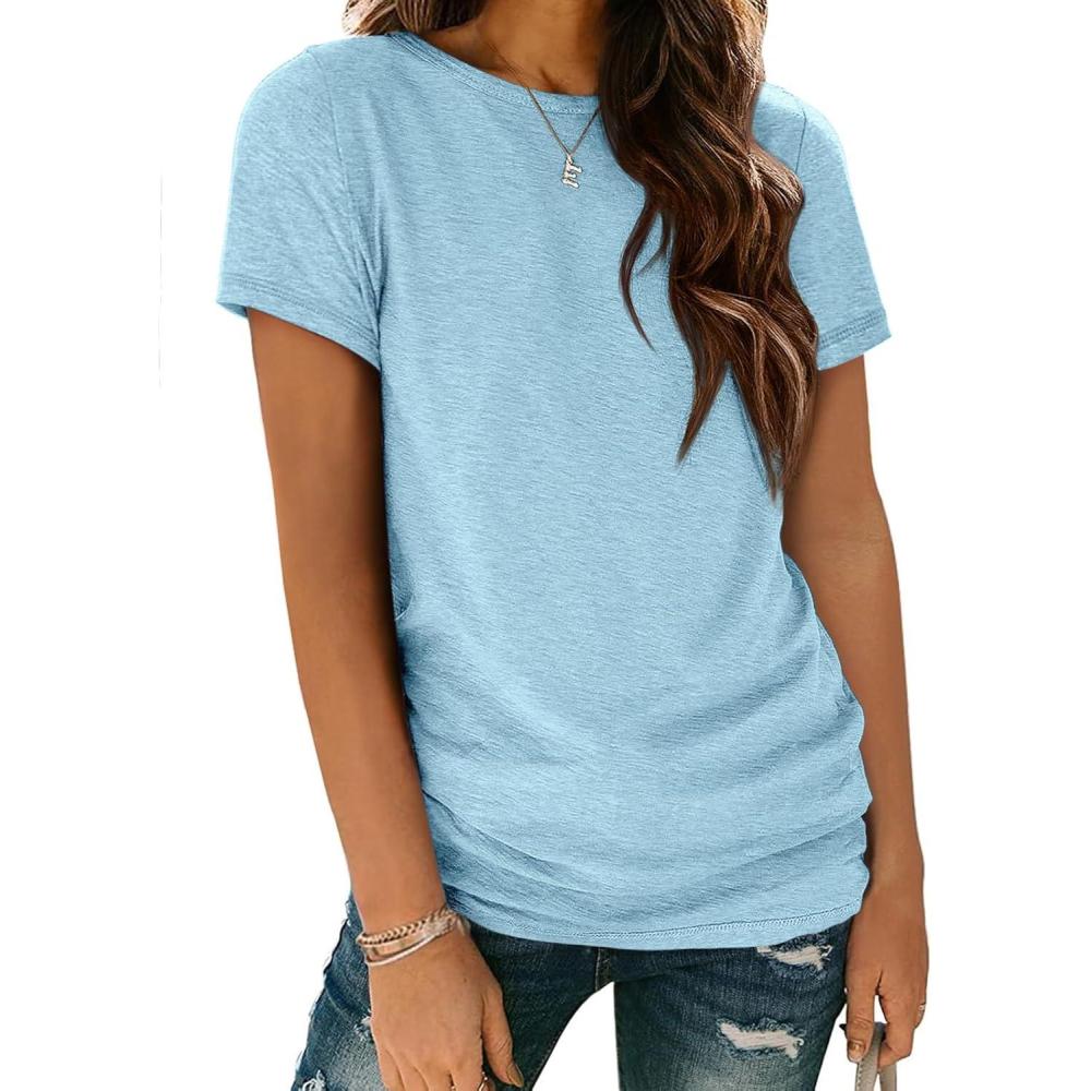 imageATHMILE Womens T Shirt Summer Tops Short Sleeve Fashion Basic Casual Oversized Beach Vacation Clothes 2025 TrendyLight Blue