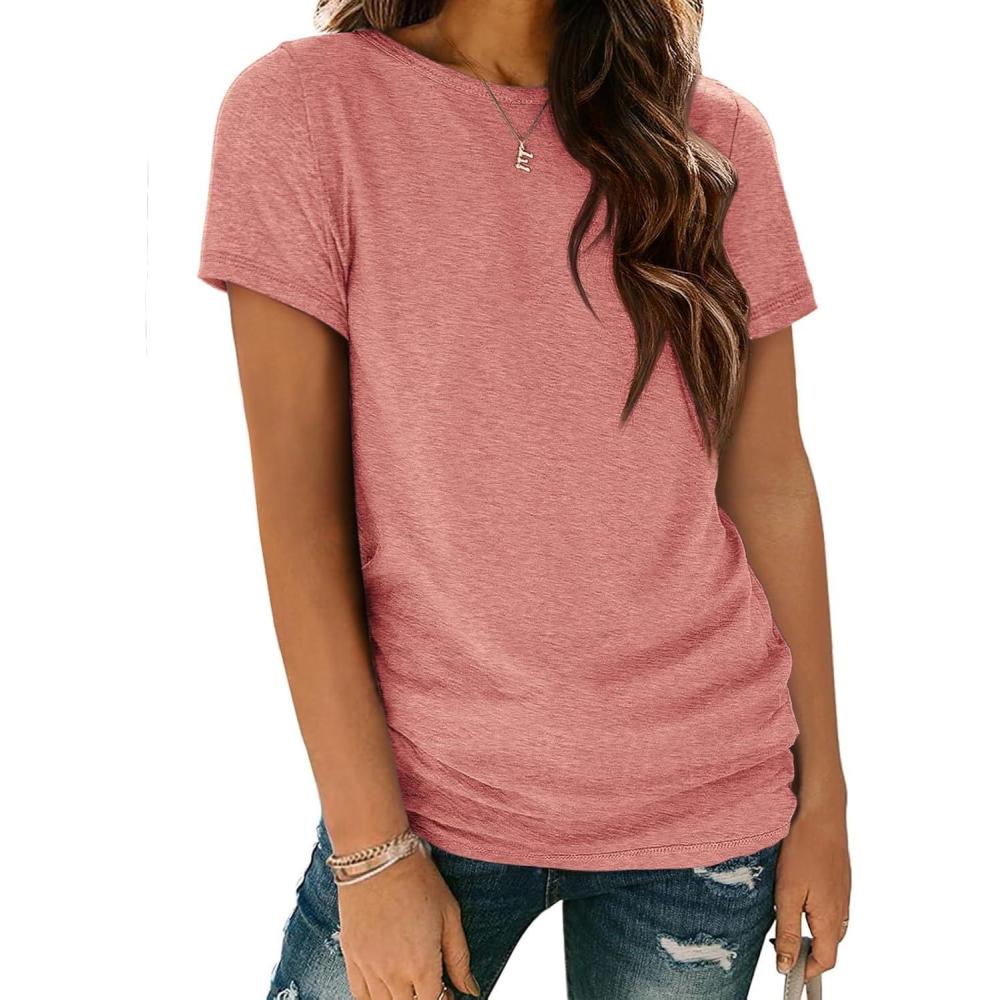 imageATHMILE Womens T Shirt Summer Tops Short Sleeve Fashion Basic Casual Oversized Beach Vacation Clothes 2025 TrendyPink