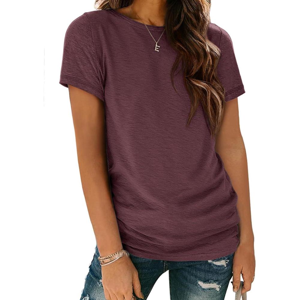imageATHMILE Womens T Shirt Summer Tops Short Sleeve Fashion Basic Casual Oversized Beach Vacation Clothes 2025 TrendyWine Red