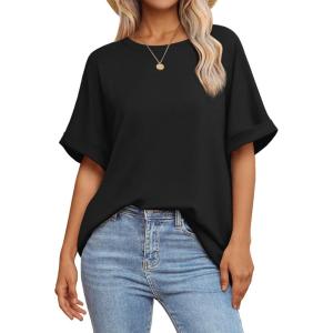 imageATHMILE Womens Oversized T Shirts Summer Tops Spring Casual Loose Fit Workout Short Sleeve 2025 Beach VacationBlack
