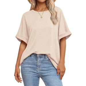 imageATHMILE Womens Oversized T Shirts Summer Tops Spring Casual Loose Fit Workout Short Sleeve 2025 Beach VacationCream