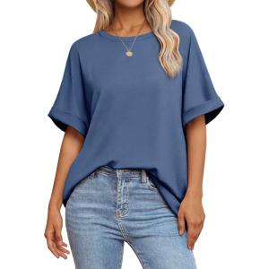 imageATHMILE Womens Oversized T Shirts Summer Tops Spring Casual Loose Fit Workout Short Sleeve 2025 Beach VacationGrey Blue