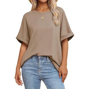 imageATHMILE Womens Oversized T Shirts Summer Tops Spring Casual Loose Fit Workout Short Sleeve 2025 Beach VacationKhaki