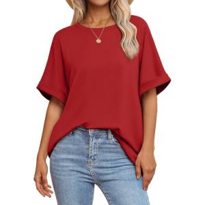 imageATHMILE Womens Oversized T Shirts Summer Tops Spring Casual Loose Fit Workout Short Sleeve 2025 Beach VacationRed