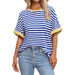 imageATHMILE Womens Oversized T Shirts Summer Tops Spring Casual Loose Fit Workout Short Sleeve 2025 Beach VacationStriped Blue  White