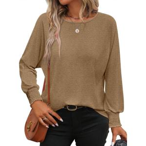imageATHMILE Long Sleeve Tops for Women 2025 Spring Fashion T Shirts for Women Crewneck Casual Loose Shirts Basic TeeKhaki