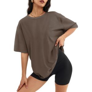 imageATHMILE Womens Oversized T Shirts Loose Fit Crewneck Short Sleeve Tops Summer Casual Blouse Y2K 2025 Basic Tee BeachBrown
