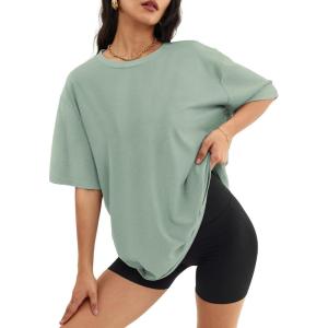 imageATHMILE Womens Oversized T Shirts Loose Fit Crewneck Short Sleeve Tops Summer Casual Blouse Y2K 2025 Basic Tee BeachGrey Green