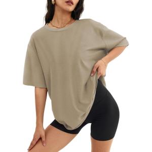 imageATHMILE Womens Oversized T Shirts Loose Fit Crewneck Short Sleeve Tops Summer Casual Blouse Y2K 2025 Basic Tee BeachKhaki