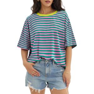 imageATHMILE Womens Oversized T Shirts Loose Fit Crewneck Short Sleeve Tops Summer Casual Blouse Y2K 2025 Basic Tee BeachStriped Pink  Green