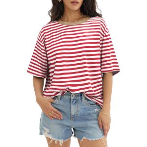 imageATHMILE Womens Oversized T Shirts Loose Fit Crewneck Short Sleeve Tops Summer Casual Blouse Y2K 2025 Basic Tee BeachStriped Red  White