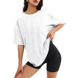 imageATHMILE Womens Oversized T Shirts Loose Fit Crewneck Short Sleeve Tops Summer Casual Blouse Y2K 2025 Basic Tee BeachWhite