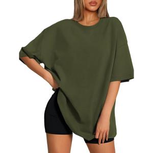 imageATHMILE Womens Oversized T Shirts Loose Fit Crewneck Short Sleeve Tops Summer Casual Blouse 2025 Y2K Basic Tee BeachArmygreen