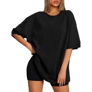 imageATHMILE Womens Oversized T Shirts Loose Fit Crewneck Short Sleeve Tops Summer Casual Blouse 2025 Y2K Basic Tee BeachBlack